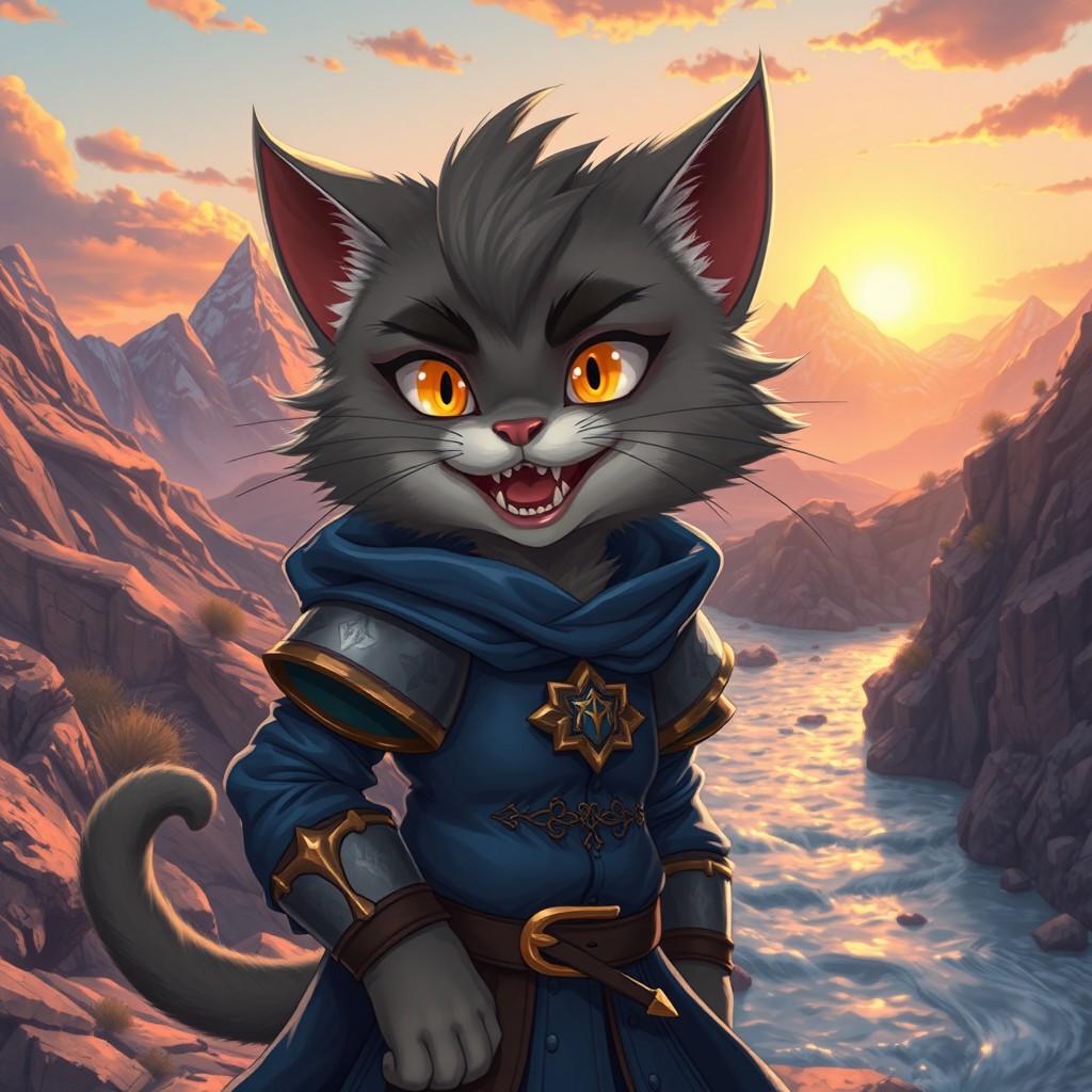 A full-body 2D anime character of a mischievous cat demihuman magician, designed with a mature and realistic aesthetic