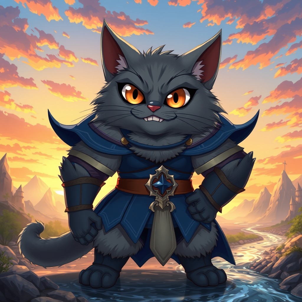 A full-body 2D anime character of a strong, gray cat demihuman magician with a large, expressive face featuring oversized cat-like eyes and small, sharp teeth, displaying a cunning, mischievous smile