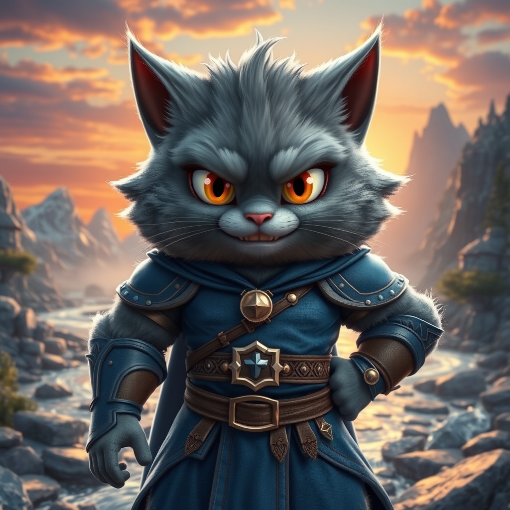A full-body 3D anime character of a strong, fluffy gray cat demihuman magician, featuring an oversized head with large, expressive cat-like eyes and small, sharp teeth, displaying a mischievous, cunning smile