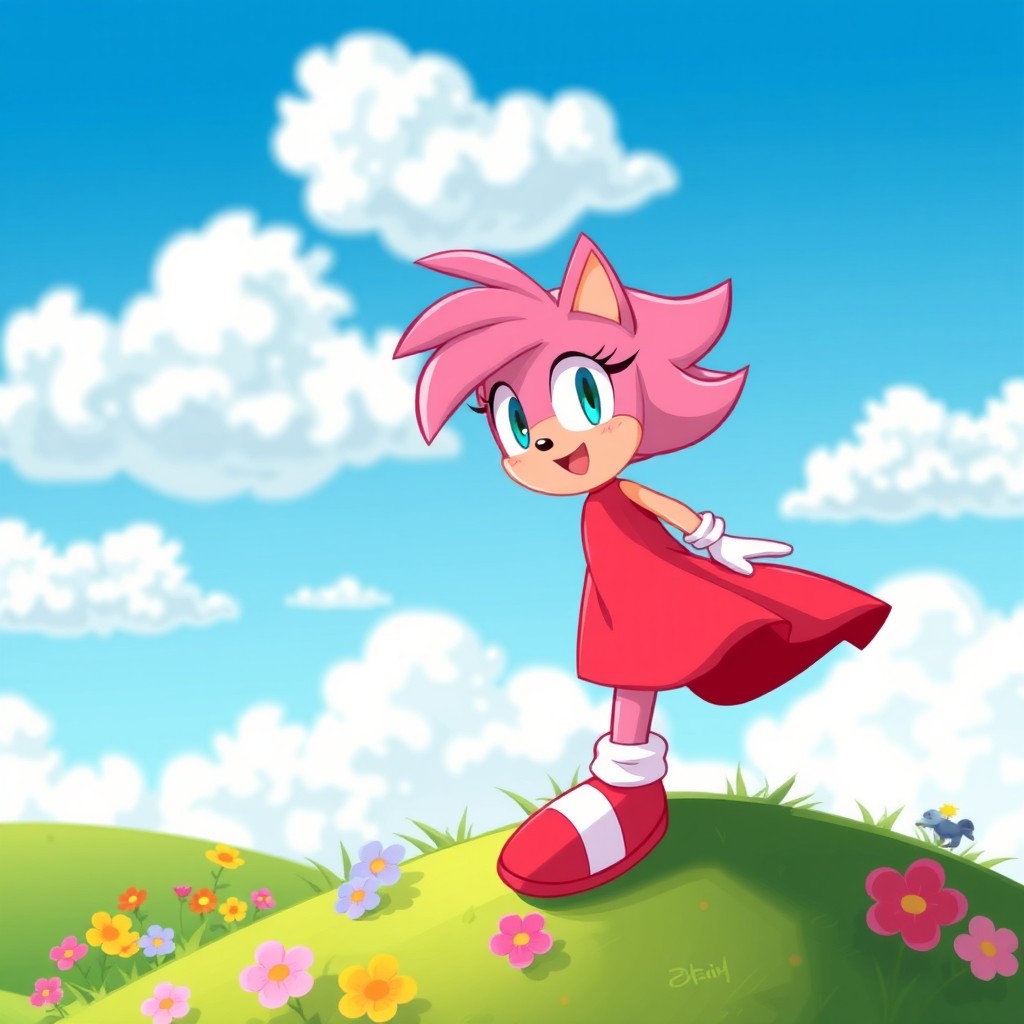 A playful image of a cartoon character resembling Amy Rose, a pink hedgehog with a cheerful expression, standing on a wind-swept hilltop