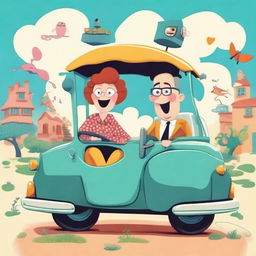 A whimsical cartoon image of a man and woman merrily seated inside a quirky, animated car