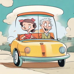 A whimsical cartoon image of a man and woman merrily seated inside a quirky, animated car