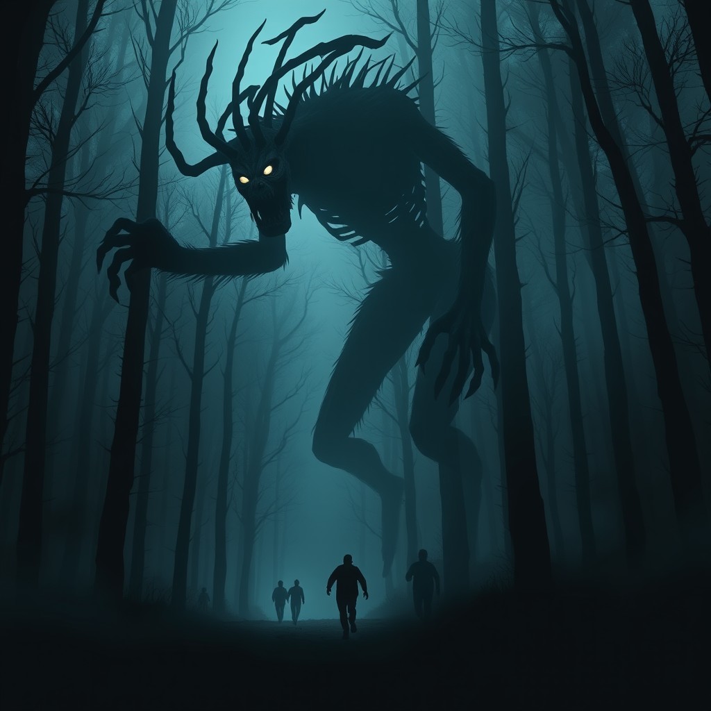 A terrifying Wendigo creature towering in a dark, ominous forest