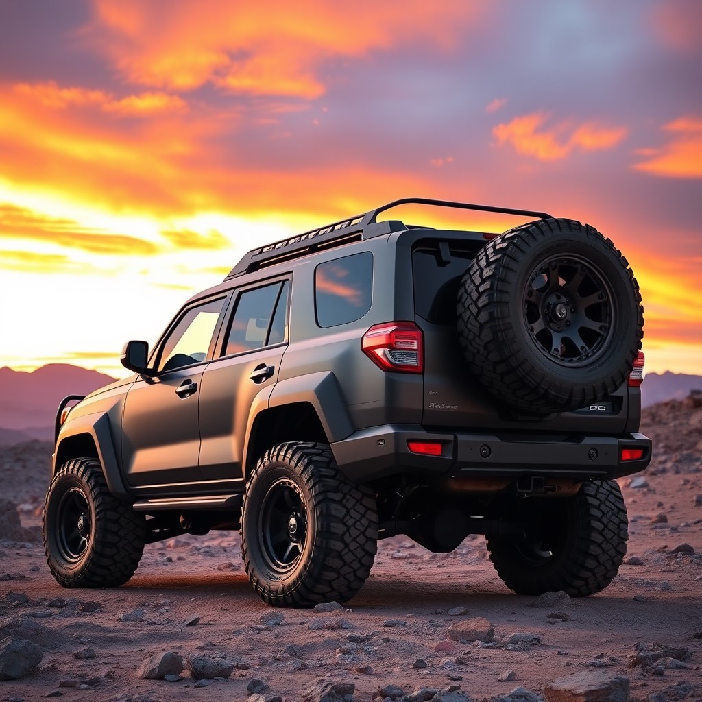 A robust large-scale SUV with an oversized spare wheel mounted on the back, parked on a rugged outdoor terrain