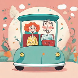 A whimsical cartoon image of a man and woman merrily seated inside a quirky, animated car