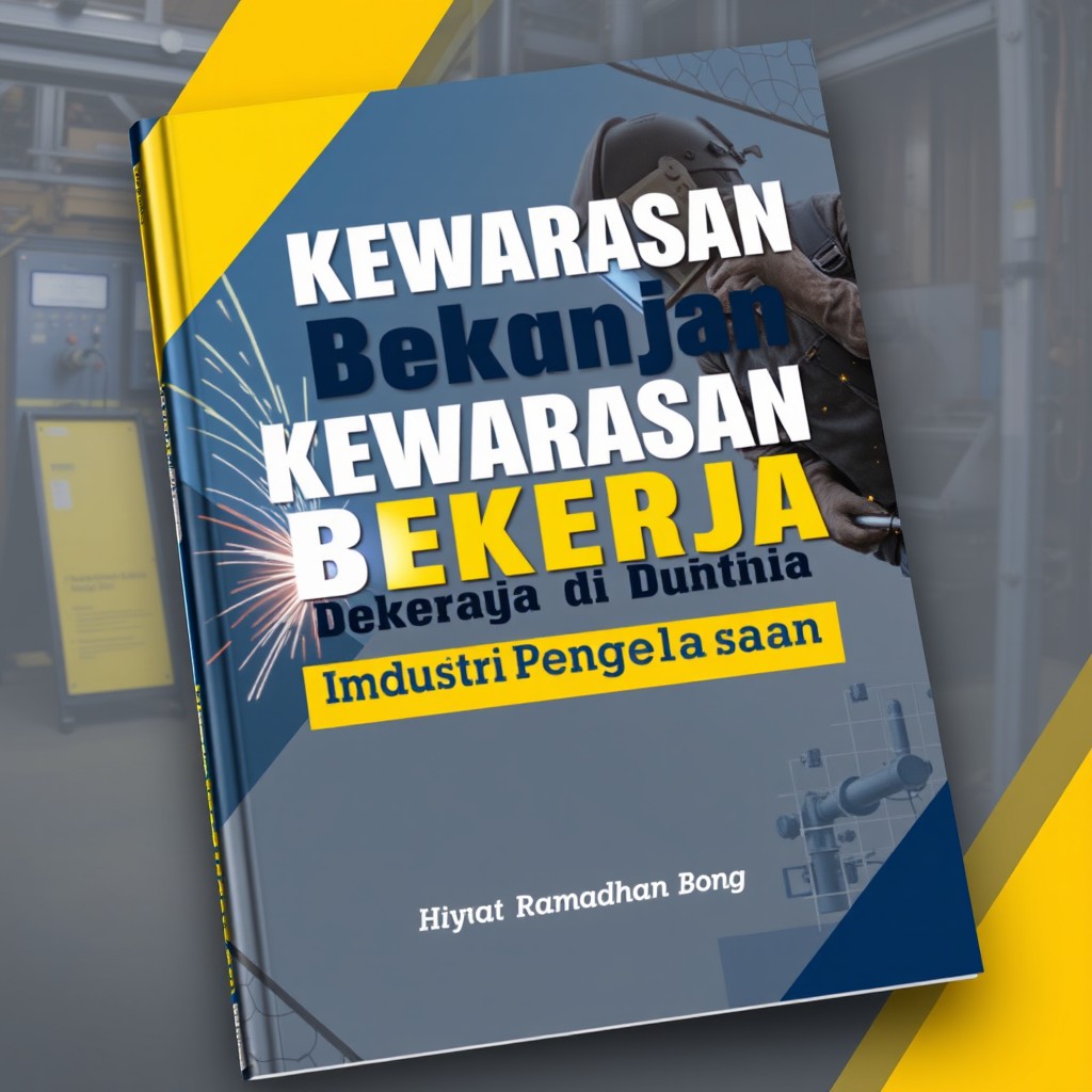 A book cover design for a title "Kewarasan dalam Bekerja di Dunia Industri Pengelasan" authored by Hidayat Ramadhan Bong