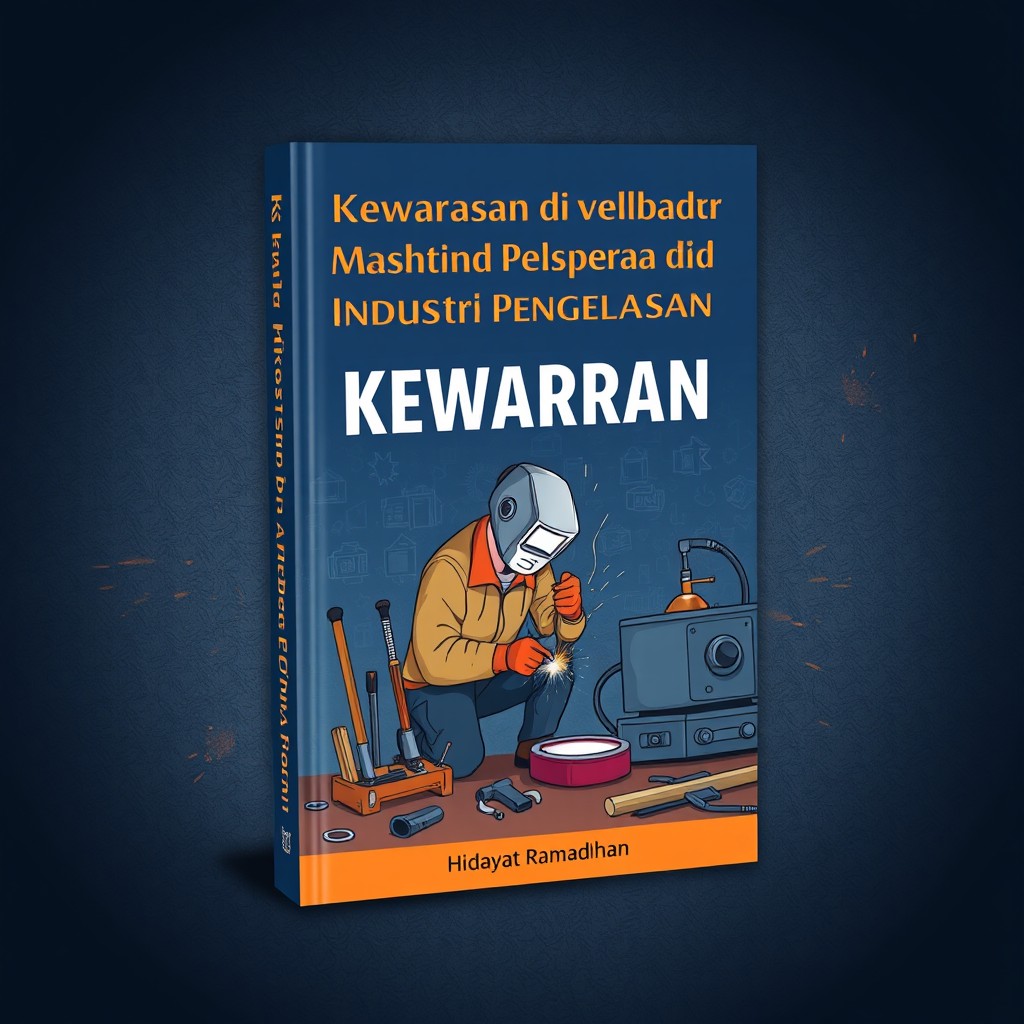 A book cover design for the title "Kewarasan dalam Bekerja di Industri Pengelasan" authored by Hidayat Ramadhan