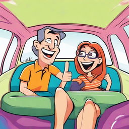 A fun and vibrant cartoon of a man and woman, playfully interacting while seated inside a lively, animated car