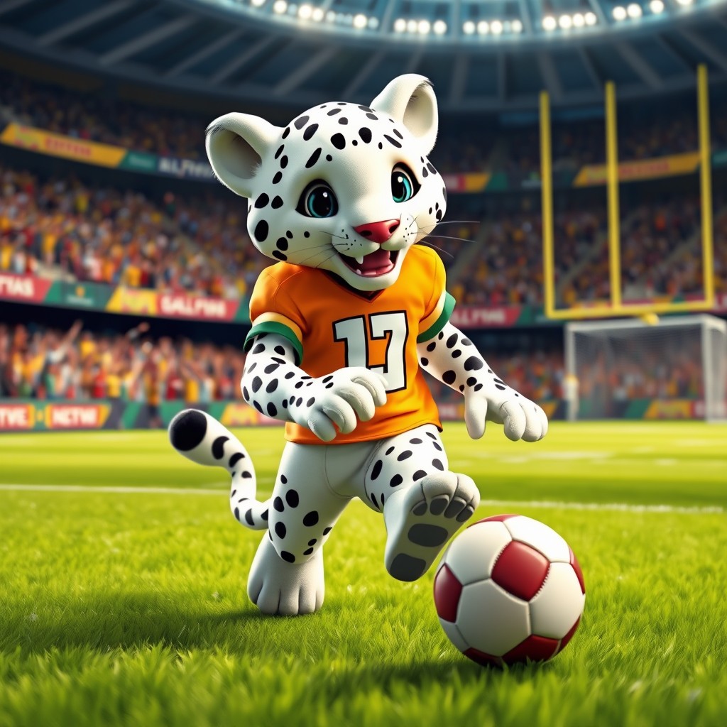 A white leopard as a football mascot, wearing a colorful football jersey, playfully dribbling a football on a vibrant green grass field
