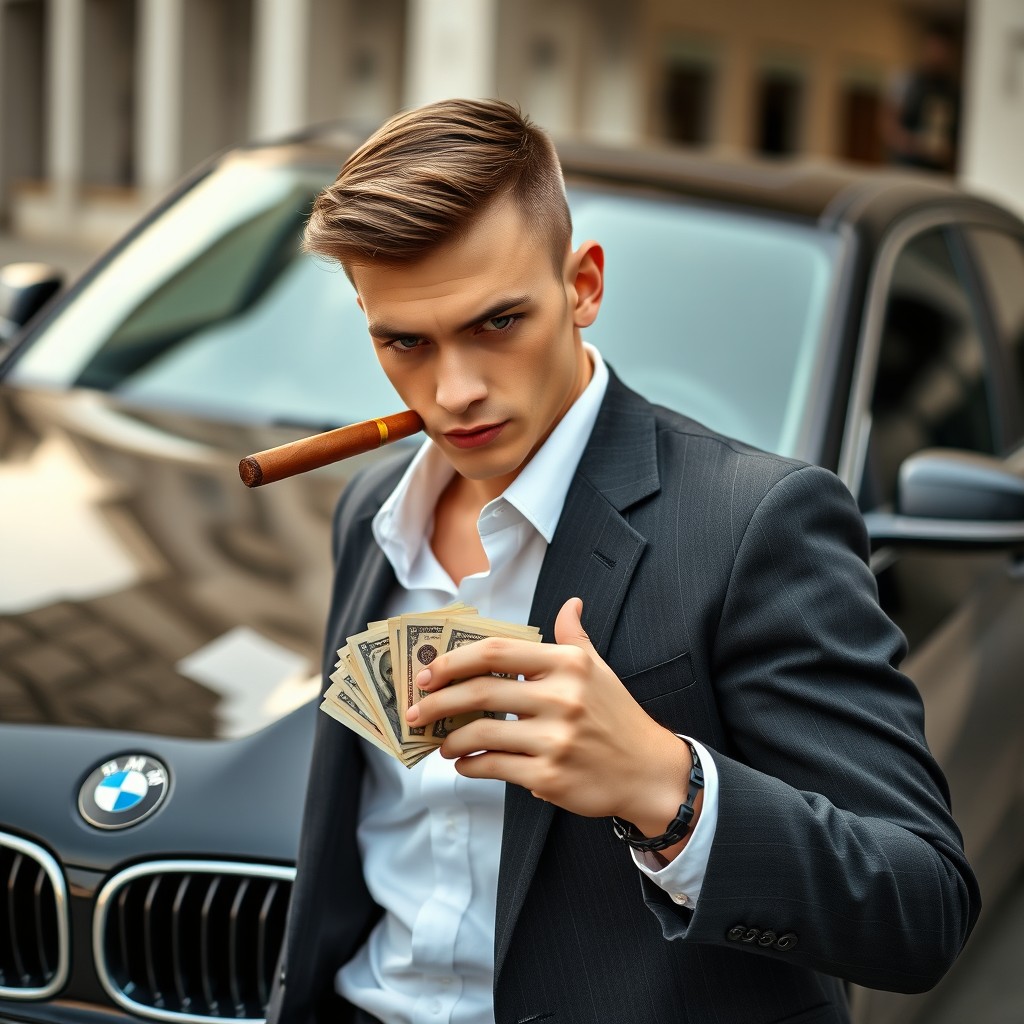 A 20-year-old Slavic man with a daring expression, short haircut, and dressed in a business style, leaning against a sleek black BMW