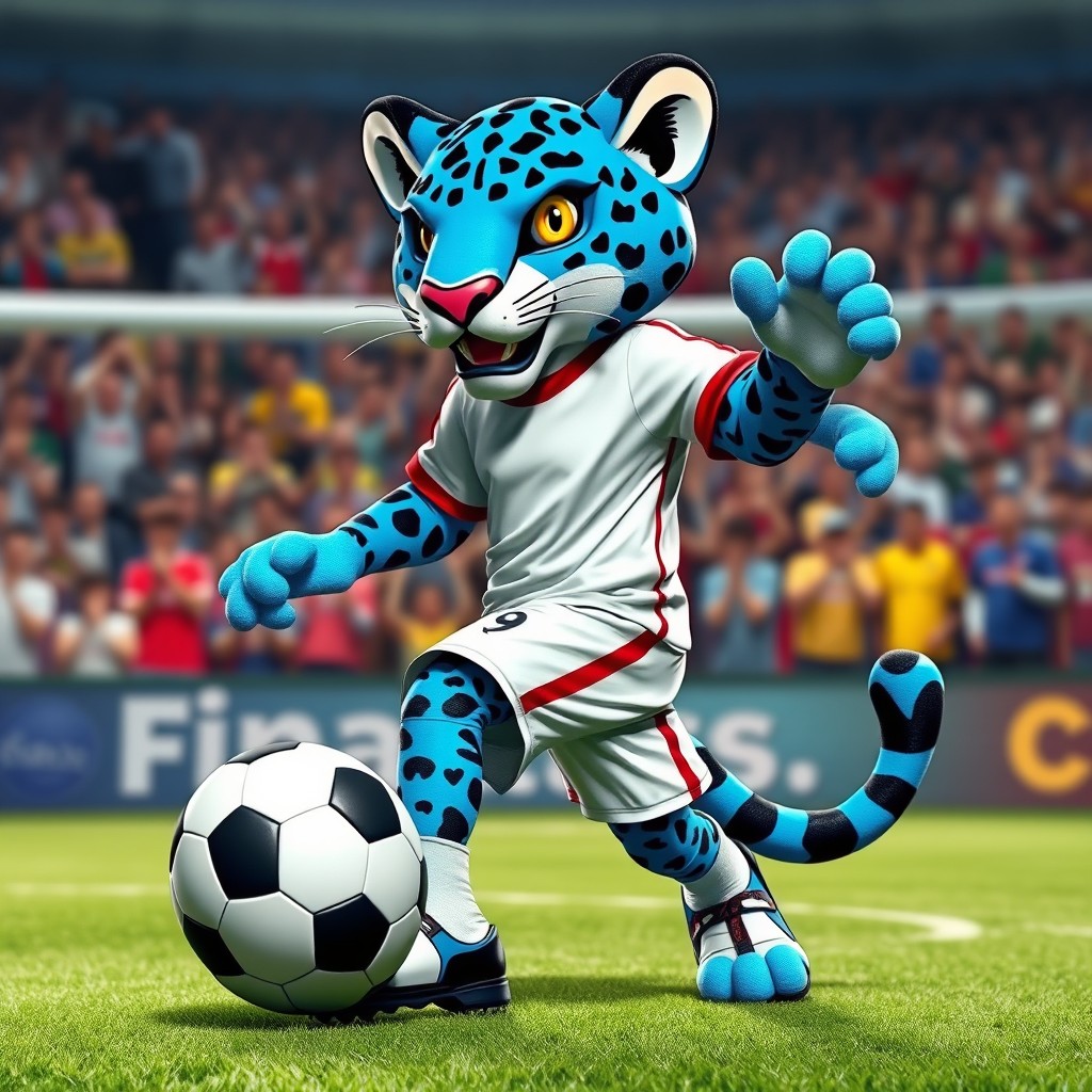 A vibrant soccer mascot in the form of a blue-spotted leopard, dressed in an athletic soccer uniform