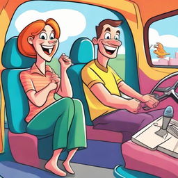 A fun and vibrant cartoon of a man and woman, playfully interacting while seated inside a lively, animated car