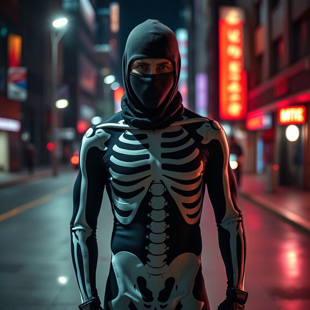 A mysterious man wearing a sleek, adjusted skeleton suit that fits perfectly, emphasizing his physique