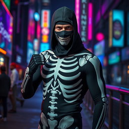 A mysterious man wearing a sleek, adjusted skeleton suit that fits perfectly, emphasizing his physique