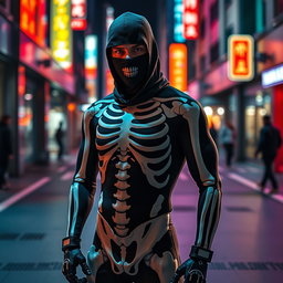 A mysterious man wearing a sleek, adjusted skeleton suit that fits perfectly, emphasizing his physique