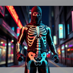 A mysterious man wearing a sleek, adjusted skeleton suit that fits perfectly, emphasizing his physique