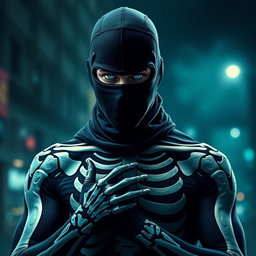 A striking image of a man wearing a sleek, form-fitting skeleton suit that has been artistically adjusted to enhance its design