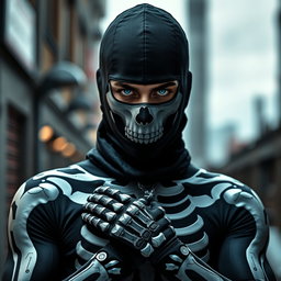 A striking image of a man wearing a sleek, form-fitting skeleton suit that has been artistically adjusted to enhance its design