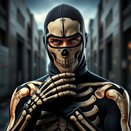 A striking image of a man wearing a sleek, form-fitting skeleton suit that has been artistically adjusted to enhance its design