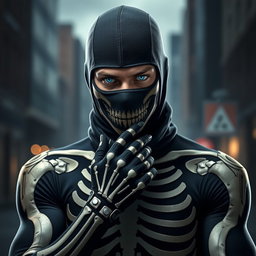 A striking image of a man wearing a sleek, form-fitting skeleton suit that has been artistically adjusted to enhance its design