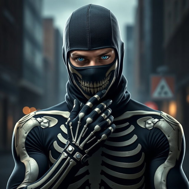 A striking image of a man wearing a sleek, form-fitting skeleton suit that has been artistically adjusted to enhance its design