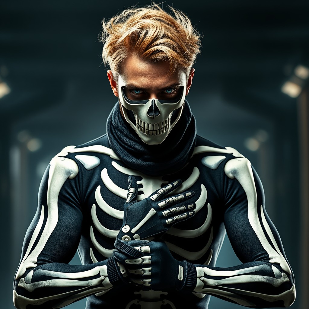 An eye-catching image of a man donning a stylish, form-fitting skeleton suit that has been artistically adjusted to feature unique and eye-catching designs