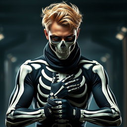An eye-catching image of a man donning a stylish, form-fitting skeleton suit that has been artistically adjusted to feature unique and eye-catching designs