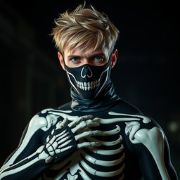 An eye-catching image of a man donning a stylish, form-fitting skeleton suit that has been artistically adjusted to feature unique and eye-catching designs