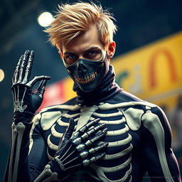 An eye-catching image of a man donning a stylish, form-fitting skeleton suit that has been artistically adjusted to feature unique and eye-catching designs