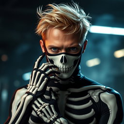 An eye-catching image of a man donning a stylish, form-fitting skeleton suit that has been artistically adjusted to feature unique and eye-catching designs