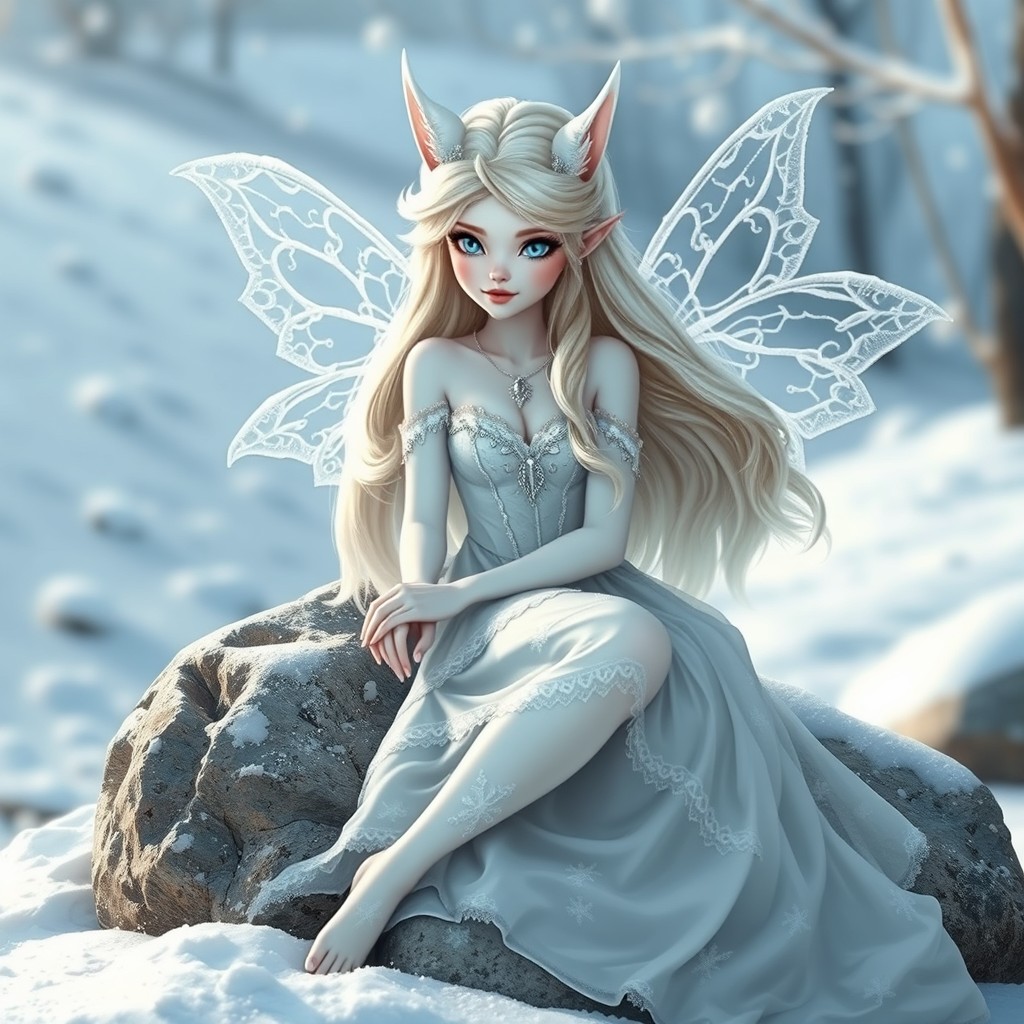 A captivating snow elf fairy princess with snow white skin and an elegant fairy princess dress, sitting gracefully on a large rock amidst a snow-covered hill