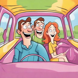 A fun and vibrant cartoon of a man and woman, playfully interacting while seated inside a lively, animated car