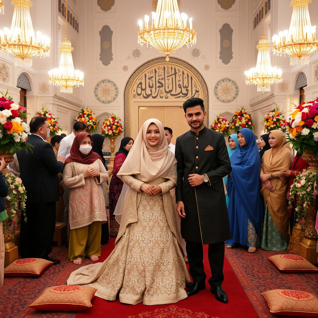 A traditional Nikkah ceremony, beautifully decorated with colorful floral arrangements and intricate Islamic calligraphy