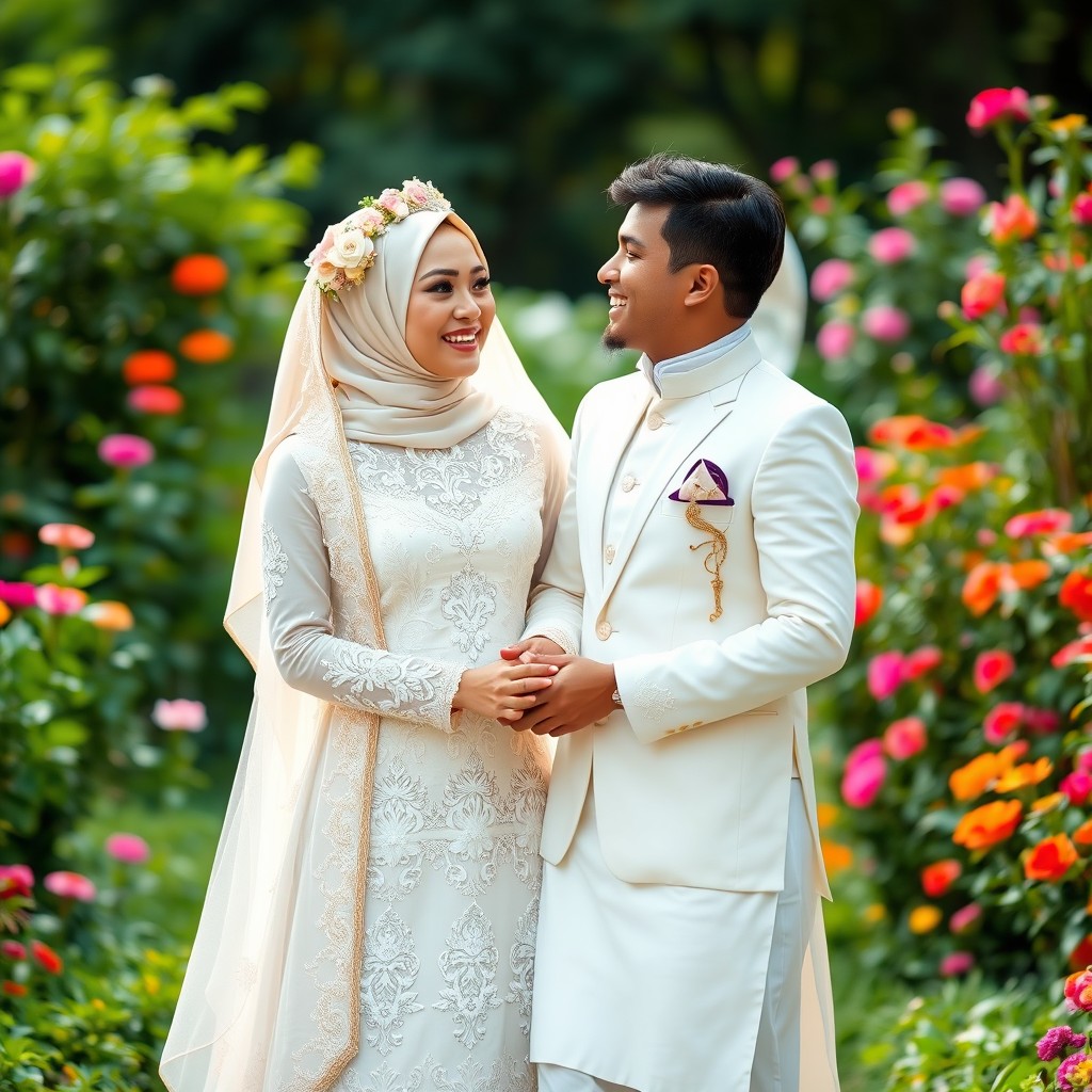 A beautiful Muslim bride and groom standing together in a lush garden, surrounded by vibrant flowers