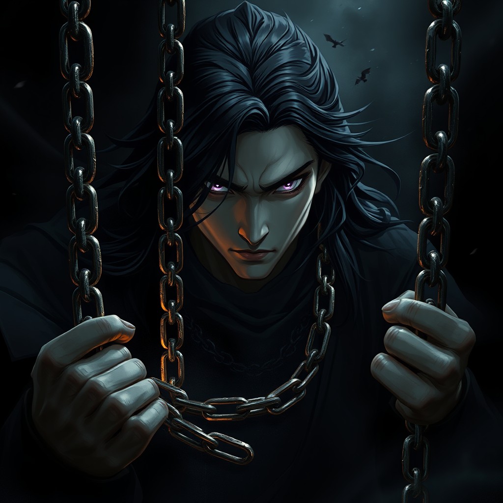 A dramatic scene depicting a xianxia cultivator imprisoned with chains in a dark, ominous black abyss