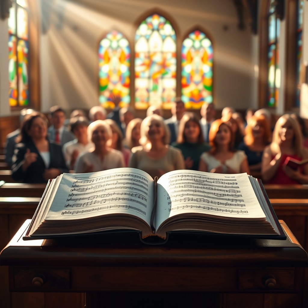 A captivating and serene scene that illustrates the concept of hymns and their stories