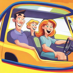 A fun and vibrant cartoon of a man and woman, playfully interacting while seated inside a lively, animated car