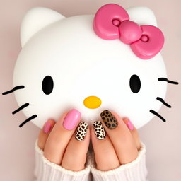 A close-up image of a Hello Kitty head, featuring the iconic cat's face with large expressive eyes and her signature bow