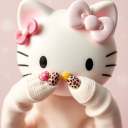 A close-up image of a Hello Kitty head, featuring the iconic cat's face with large expressive eyes and her signature bow