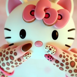 A close-up image of a Hello Kitty head, featuring the iconic cat's face with large expressive eyes and her signature bow