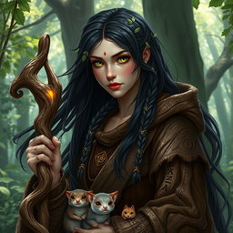 A female Russian human druid character for Dungeons & Dragons, with long, flowing dark hair adorned with small braids and leaves