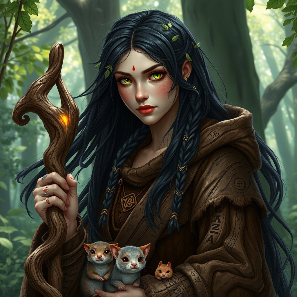A female Russian human druid character for Dungeons & Dragons, with long, flowing dark hair adorned with small braids and leaves