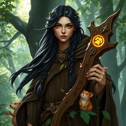 A female Russian human druid character for Dungeons & Dragons, with long, flowing dark hair adorned with small braids and leaves