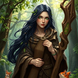 A female Russian human druid character for Dungeons & Dragons, with long, flowing dark hair adorned with small braids and leaves