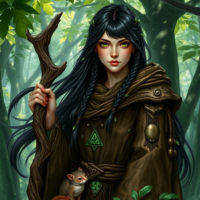 A female Russian human druid character for Dungeons & Dragons, with long, flowing dark hair adorned with small braids and leaves
