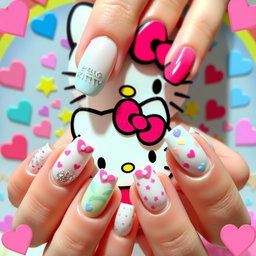 A cute Hello Kitty character with beautifully manicured nails, showing off a variety of nail art designs including sparkles, polka dots, and pastel colors