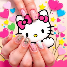 A cute Hello Kitty character with beautifully manicured nails, showing off a variety of nail art designs including sparkles, polka dots, and pastel colors