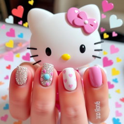 A cute Hello Kitty character with beautifully manicured nails, showing off a variety of nail art designs including sparkles, polka dots, and pastel colors