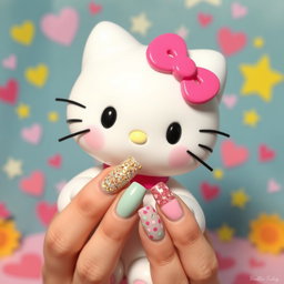 A cute Hello Kitty character with beautifully manicured nails, showing off a variety of nail art designs including sparkles, polka dots, and pastel colors