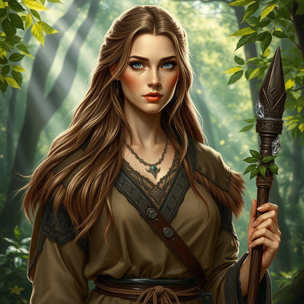 A realistic portrayal of a Russian human woman character, playing the role of a druid in a Dungeons & Dragons setting